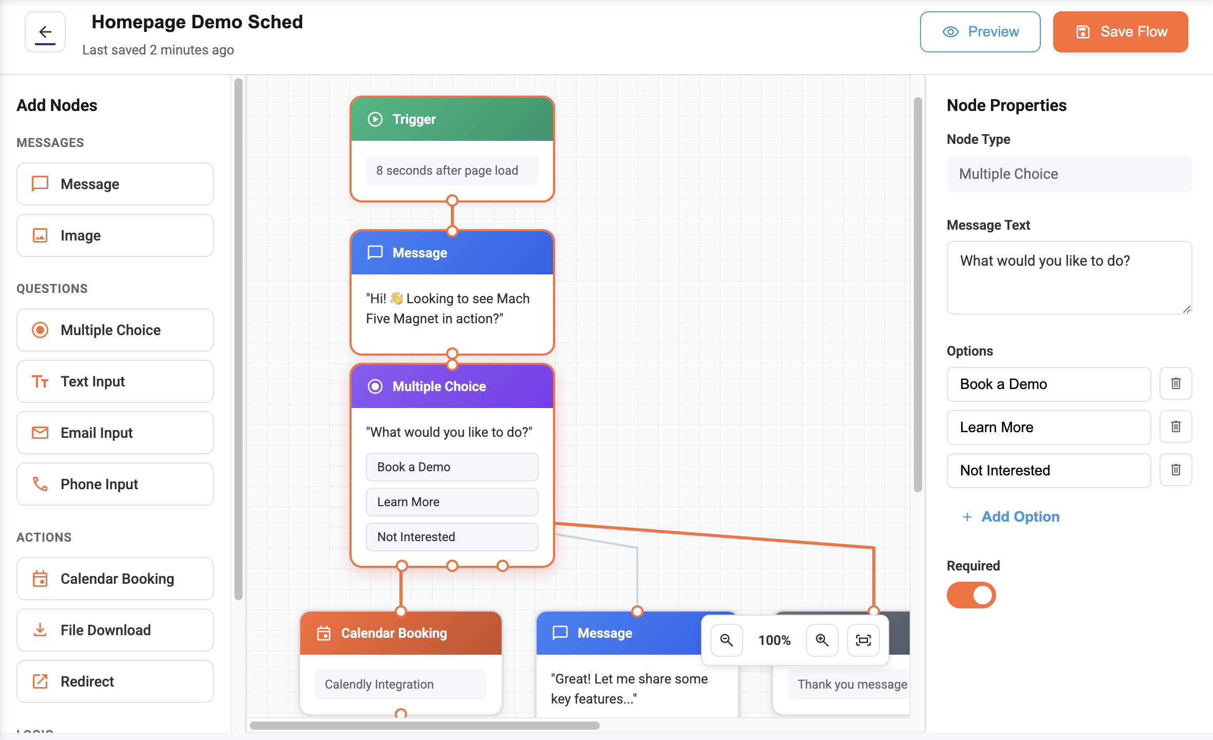 Mach Five Magnet Flow Builder Canvas showing visual node-based conversation editor