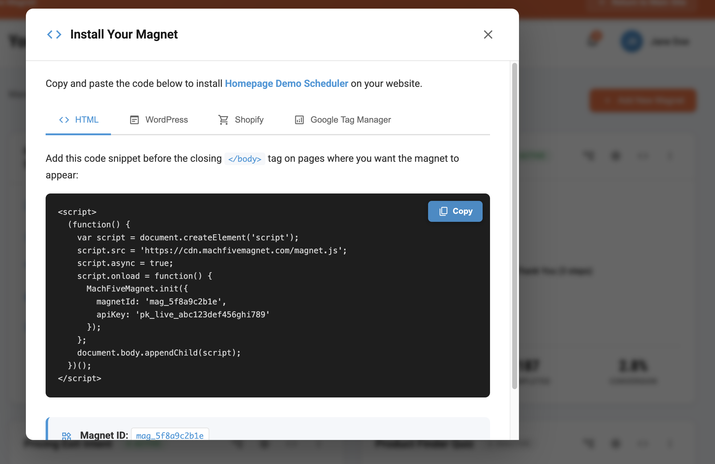 Mach Five Magnet installation code modal with platform-specific snippets for HTML, WordPress, Shopify, and Google Tag Manager