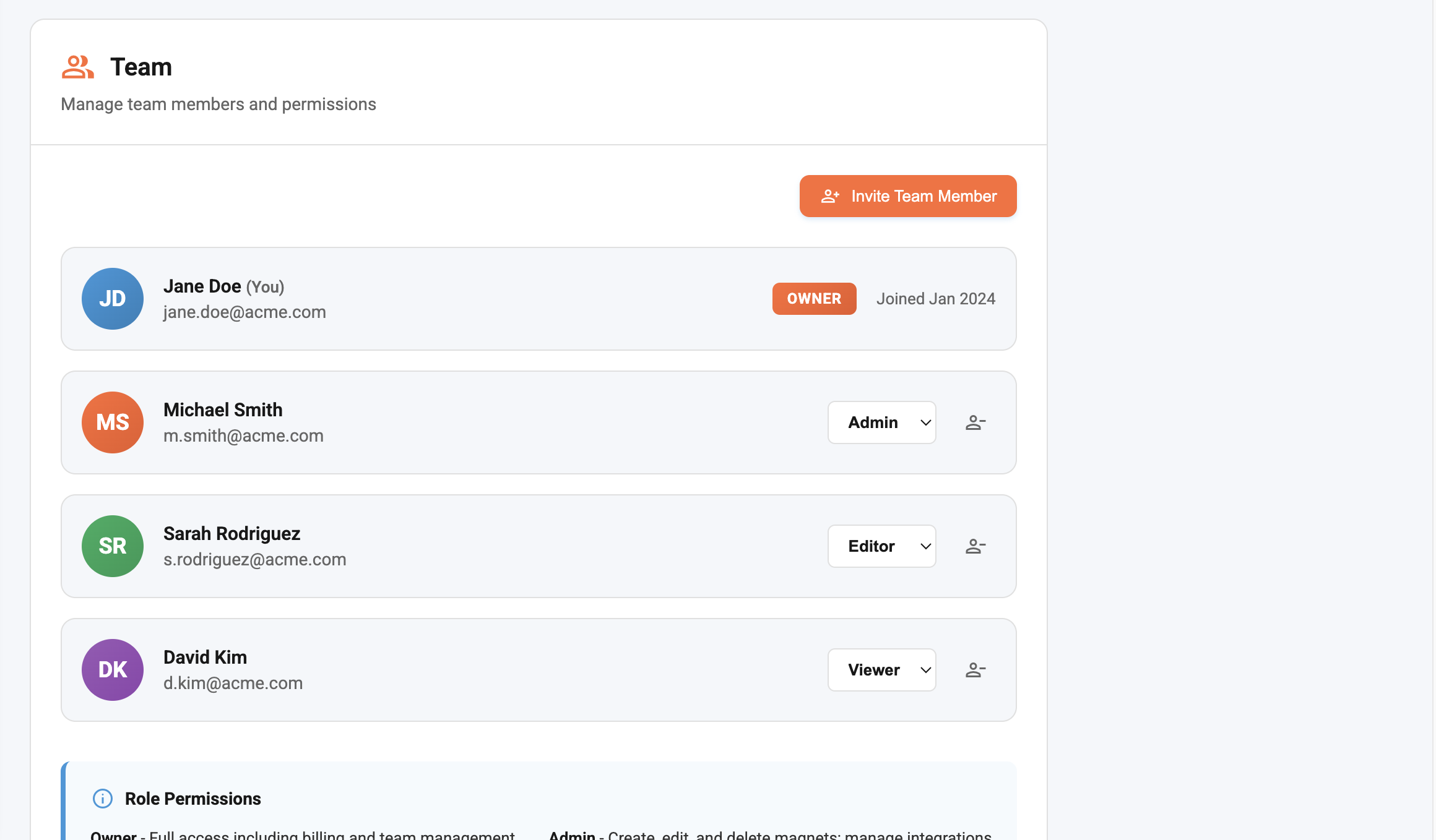 Mach Five Magnet team management interface with member roles, permissions, and activity audit log