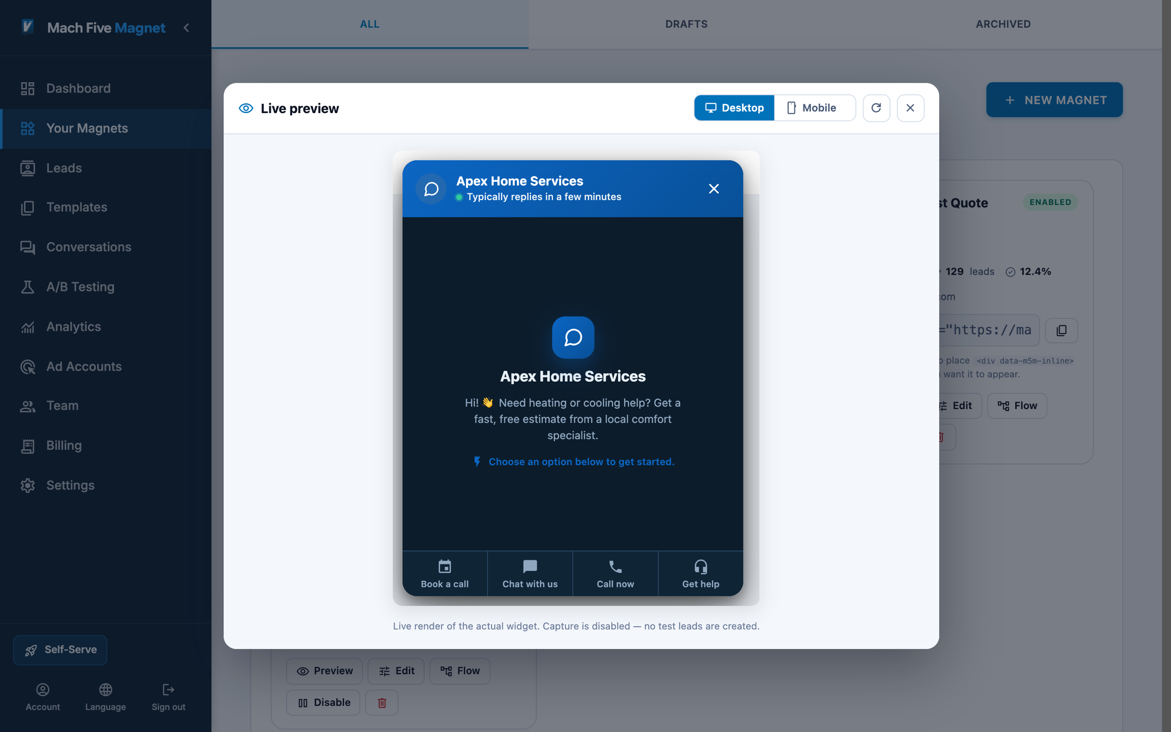 The Mach Five Magnet welcome hub with Book, Chat, Call, and Email buttons